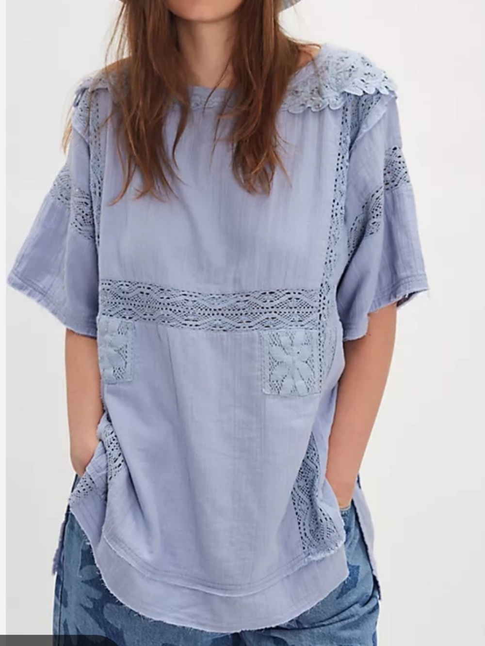 Free People Rustic Romance Lace-Trim Tunic Top Small Boxy Oversized Blue